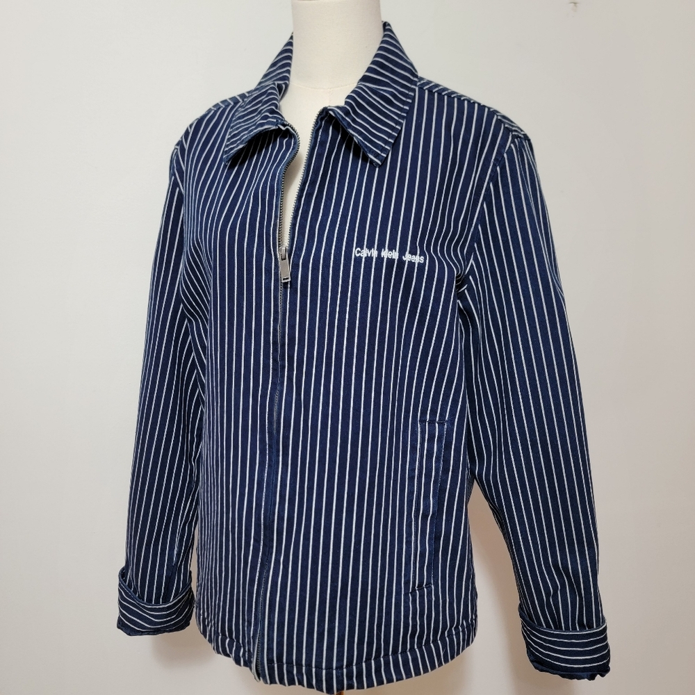 Indigo Pinstripe Trucker Jacket Calvin Klein Navy White Collared Unisex Utility